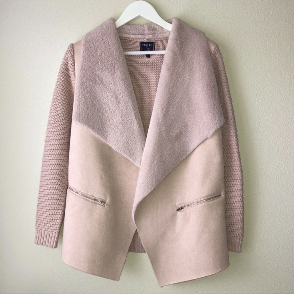 SHERPA LINED Pink Vegan Suede Cascade Collar Knitted Combination Jacket - Picture 2 of 6